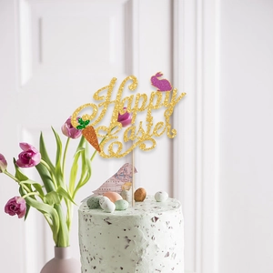 Topper per torta Happy Easter dorato con brillantini e decoro con coniglio