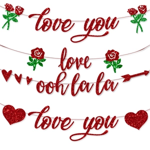 Red Glitter Valentine's Day Banner Happy Valentine's Day Letter Banner Heart Rose Hanging Garland Party Decoration