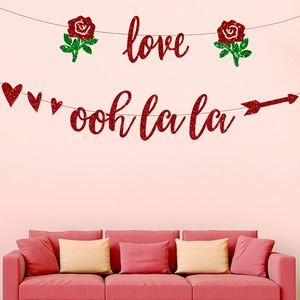 Glittering red Happy Valentines Day banners with rose and Love scripts for party decor