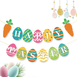 Banderole Joyeuses Pâques colorée avec œufs et carottes pour décoration murale de fête