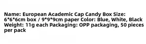 Detailed specs for 6x6x6cm graduation cap candy boxes in blue, white, and black colors