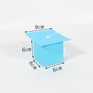 Light blue graduation cap candy box with white tassel and 9x6cm size markings