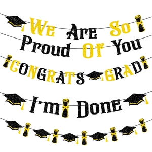 Bannière Décoration de Fête de Remise des Diplômes à Paillettes We Are So Proud Of You Congrats Grad I'm Done Toque Guirlande Noir Or