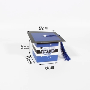 Caja de regalo graduación azul con tapa negra, borla azul y texto Congrats Grad
