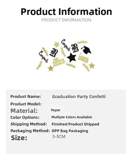 Detail view of Grad party confetti featuring Congrats text and doctoral cap shapes