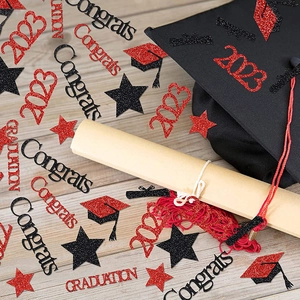 Red and black glitter graduation confetti set with Grad hats and star shapes for party decor