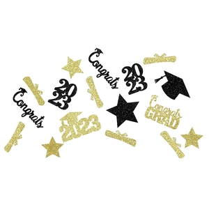 Glittery black and gold graduation table confetti with Class of 2026 Grad cap and star shapes