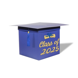 Boîte à cartes diplômé 2025 en forme de chapeau bleu avec pompon et paillettes
