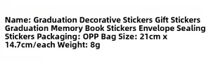 Detail specifications of Graduation stickers showing 21x14.7cm size and 8g weight info