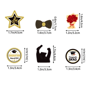 2023 graduation sticker set featuring stars, bow ties, roses and grad caps in gold and black
