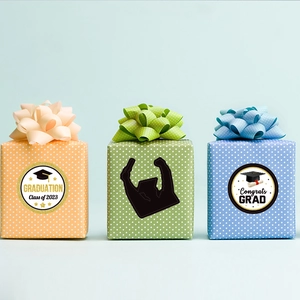 Graduation theme decorative stickers for gift boxes featuring Class of 2023 motifs