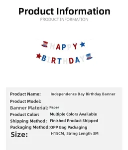 Detail of 15cm Happy Birthday banner for Independence Day with 3m string and glitter finish