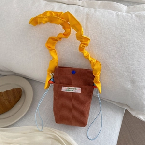 Women's Mini Corduroy Crossbody Phone Bag With Pleated Ruffle Strap Korean Style Small Shoulder Purse Versatile Fashion Handbag