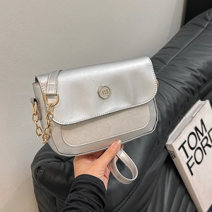 Silver metallic crossbody bag with gold chain strap and textured leather finish
