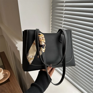 Women Large Capacity PU Leather Tote Bag With Silk Scarf Contrast Stitching Urban Minimalist Shoulder Bag For Commuter Daily Work