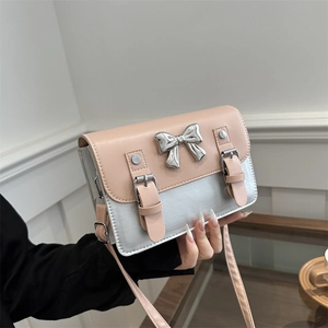 Women Contrast Color PU Leather Small Square Bag With Metal Bowknot Fashion Crossbody Shoulder Bag For Daily Use