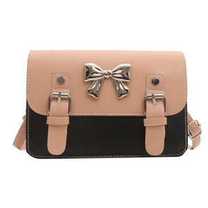 Pink and black bow shoulder bag with silver buckle and white stitching details