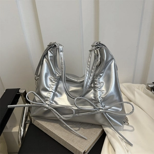 Women Ruched Bowknot Underarm Bag PU Leather Metallic Silver Shoulder Bag Chic Chain Hobo Bag Fashion Dumpling Bag For Ladies