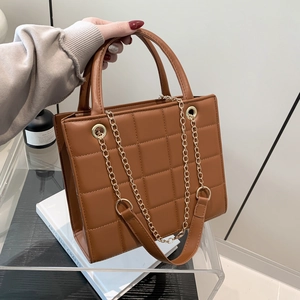 Women Quilted Square Bag Faux Leather Crossbody Bag With Gold Chain Strap Solid Color Top Handle Bag For Daily Commuting