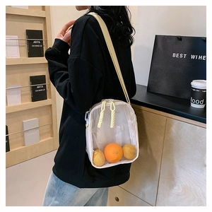 Detail of transparent PVC crossbody bag with wide shoulder strap and dual zipper design