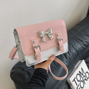 Women Crossbody Bag PU Leather Bowknot Metal Decor Double Buckle Flap Magnet Closure Fashionable Sweet Square Shoulder Bag