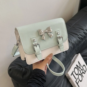 Fashionable mint green bow square crossbody bag for women with silver buckle details