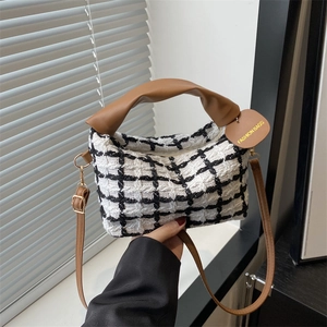 Sac à Épaule en Tweed à Carreaux pour Femmes Style Coréen Couleur Contrastée Cuir PU Petit Sac Cabas Carré Avec Bandoulière Réglable Pour Un Usage Quotidien Décontracté