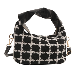 Sac à main chic en tweed à carreaux noir et blanc avec poignée en cuir et détails dorés