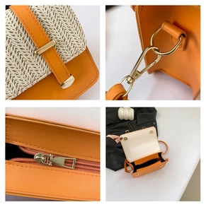 Detail view of orange leather and woven straw texture on a compact crossbody handbag