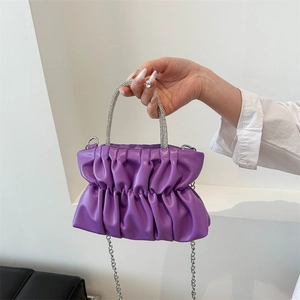 Purple pleated cloud handbag with rhinestone handle and silver chain strap