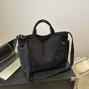 Sac fourre-tout polyvalent en velours côtelé noir avec double poignées et bandoulière