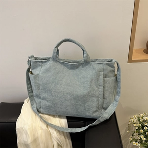 Sac fourre-tout en velours côtelé bleu-gris avec poignées et bandoulière réglable