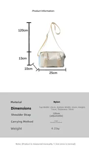 Detailed size specifications for the nylon crossbody bag with 25cm width and 13cm height