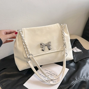 Women Fashion Bowknot Shoulder Bag Korean Style PU Leather Tote Bag Sweet Underarm Bag With Metal Chain Strap For Daily Dating