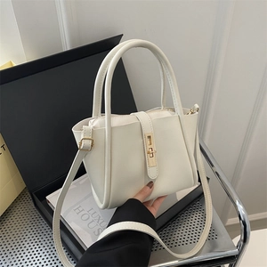 Minimalist Women PU Leather Tote Handbag With Gold Buckle Fashion Solid Color Shoulder Crossbody Bag For Daily Commuting