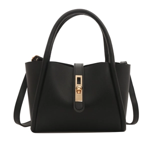 Chic black matte crossbody tote bag with golden twist lock on a white background