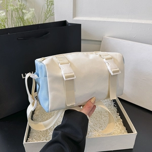 Women's Fashion Nylon Cylinder Crossbody Bag Minimalist Contrast Color Shoulder Bag With Double Buckles Casual Commuter Satchel