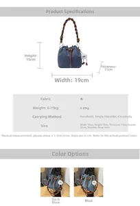 Detailed size chart for denim drawstring bucket bag with dimensions and strap length