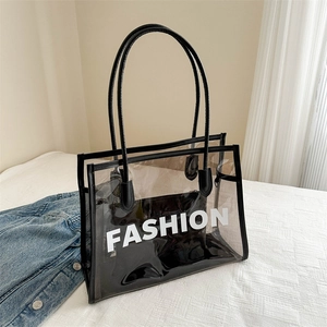 Women Fashion Transparent PVC Tote Bag Two Piece Set Letter Print Large Capacity Jelly Shoulder Bag With Inner Pouch