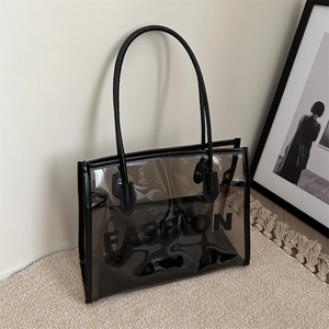 Large capacity semi-transparent grey PVC tote bag with black handles and fashion letter print