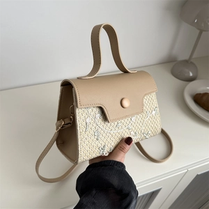 Women Floral Embroidery Straw Handbag French Vintage PU Leather Patchwork Small Square Crossbody Bag Vacation Shoulder Bag