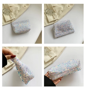 Detailed views of a shimmering sequin clutch bag with holographic white sparkles and zip