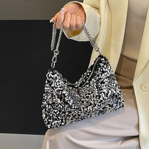 Sac à main chic à paillettes argentées pour femme avec bandoulière chaîne et fermeture éclair