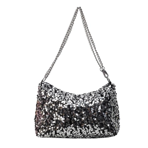 Sac à bandoulière scintillant à paillettes argentées et noires avec chaîne en métal