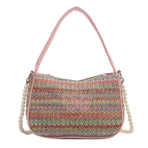 Sac croissant en paille tissée colorée avec broderie papillon rose et chaîne en perles