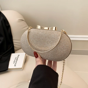 Women Glitter Sequin Evening Clutch Bag Oval Hard Shell Purse With Metal Bow Lock Chain Strap For Wedding Banquet Party