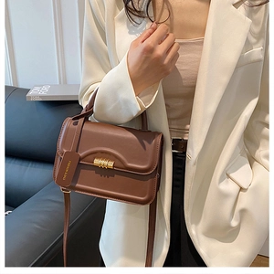Detailed shot of brown matte shoulder bag with gold spiral metal clasp and fashion tag