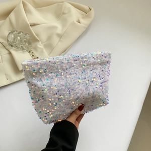 Sparkly white sequin clutch bag for women featuring iridescent finish and metal zipper