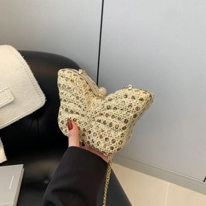 Pochette de Soirée Élégante en Forme de Papillon pour Femmes avec Paillettes et Strass Chaîne en Métal Sac à Bandoulière pour Fête Mariage