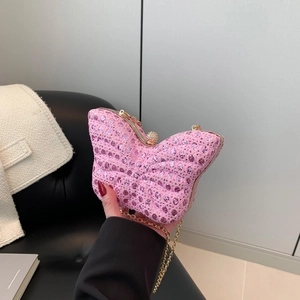 Élégant sac papillon rose avec strass brillants et cadre en métal doré raffiné